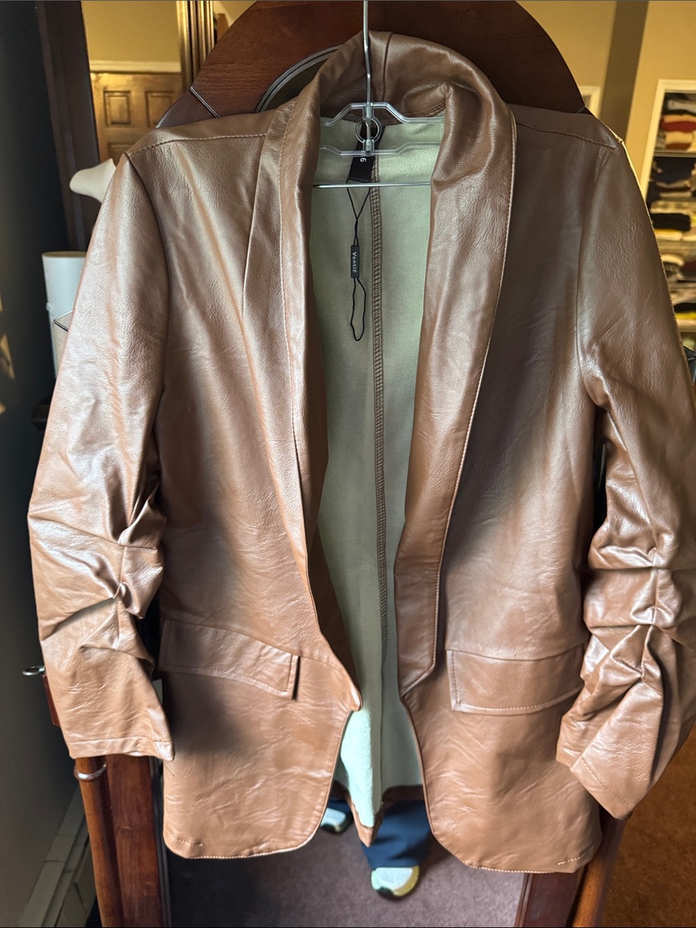 Faux Leather Blazer Jacket - Brown